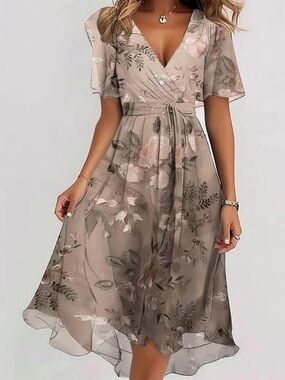 Taupe Floral Wrap Midi Dress with Tie Waist